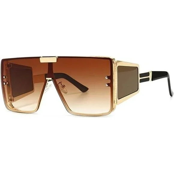 Shield Sunglasses Futuristic Visor Gold Frame Brown Lens Fashion Luxury Model - Picture 9 of 12